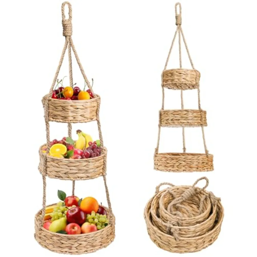 

3 Tier Hanging Fruit Basket Made of Natural Water Hyacinth for Wall Mount Kitchen Vegetable Storage Organizer Ideal for Living