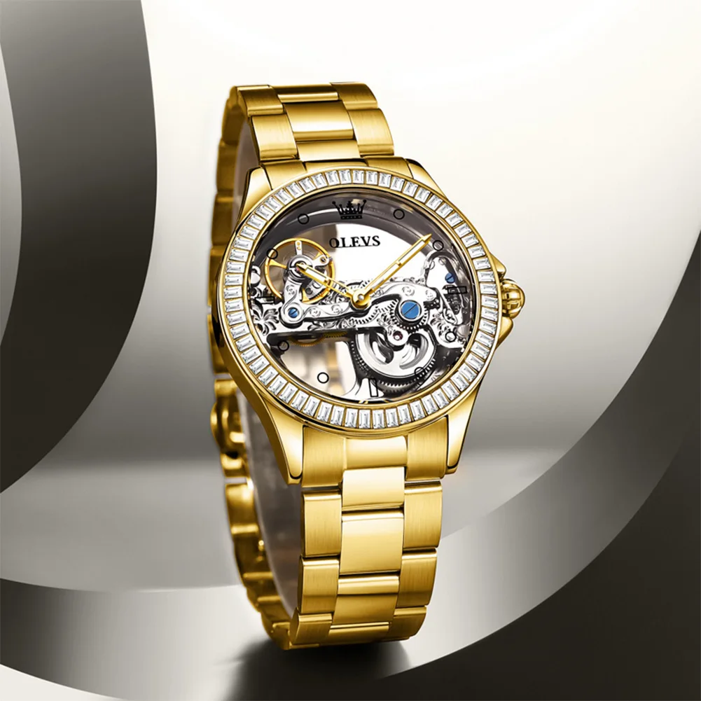 

OLEVS Luxury Brands Diamond Bezel Automatic Fashion Women's Watches Stainless Steel Skeleton Mechanical Clock Elegant Ladies