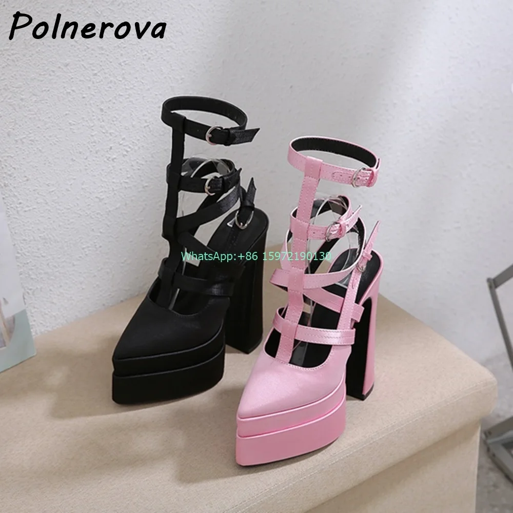 Narrow Band Platform Sandals Pointy Toe Chunky Heels Buckle Strap Hollow Shoes Ladies Black Pink Sexy Runway Stiletto Shoes