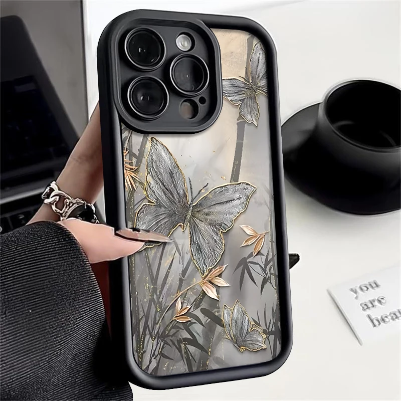 Schmetterling Bambus Muster Handyhülle für iPhone 17, Air Case für iPhone 16 15 14 13 12 Pro Max 15 Plus 16e 11, stoßfeste TPU-Abdeckung