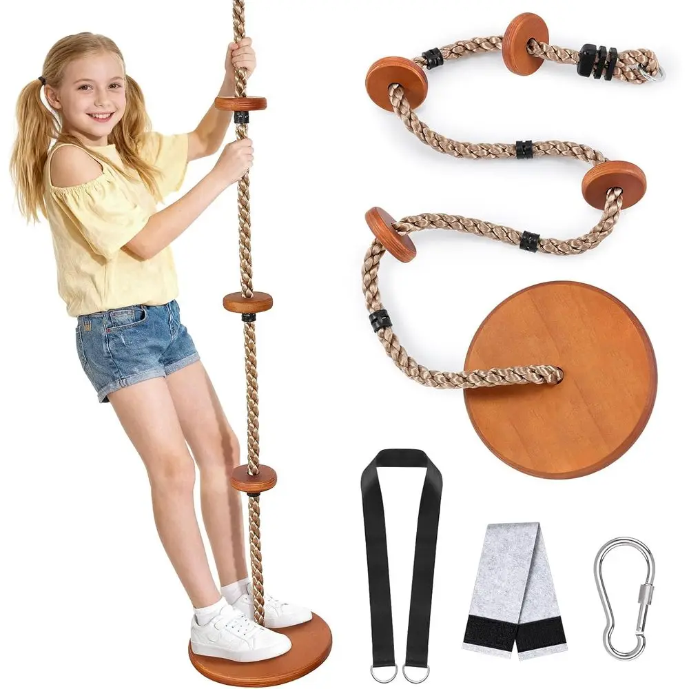 

2-in-1 Wooden Disc Swing Set with ClimRope & 4 Platorms, 75IN Rope Kids Tree Swing with Straps&Carabiners or Outside Backyard, P