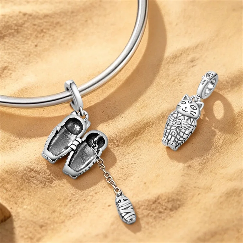 925 Sterling Silver Ancient Egyptian Cat Praying For The Girl Charms Pendants For Women Fit Original Bracelet DIY Jewelry Gifts
