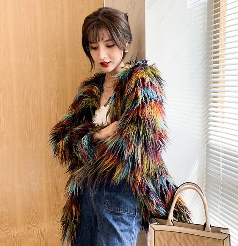 Winter Mixed Color Faux Mink Fur Coat Mid-length Thickened Imitation Beach Wool Fox Fur Fluffy Bomber Jacket Flocking Cardigan