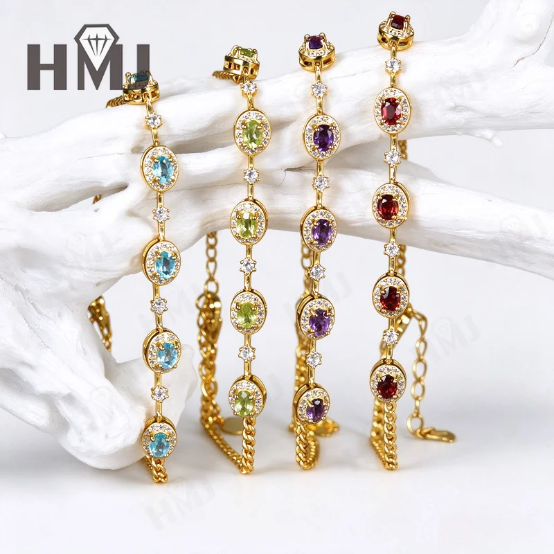 Women's Natural Gemstone Bracelet Garnet Apatite Peridot with Diamond Accents S925 Silver Oval Shape Factory Wholesale Charms