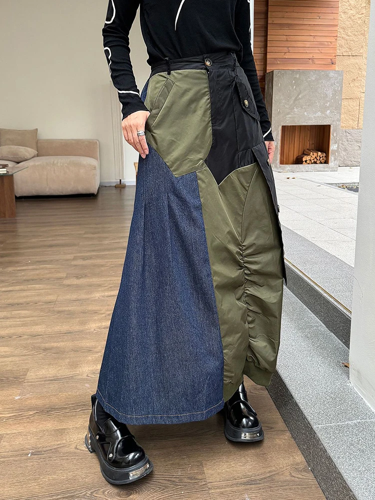 [EAM] High Elastic Waist Black Green Color-block Long Casual Half-body Skirt Women Fashion Tide New Spring Autumn 2024 1DH7595