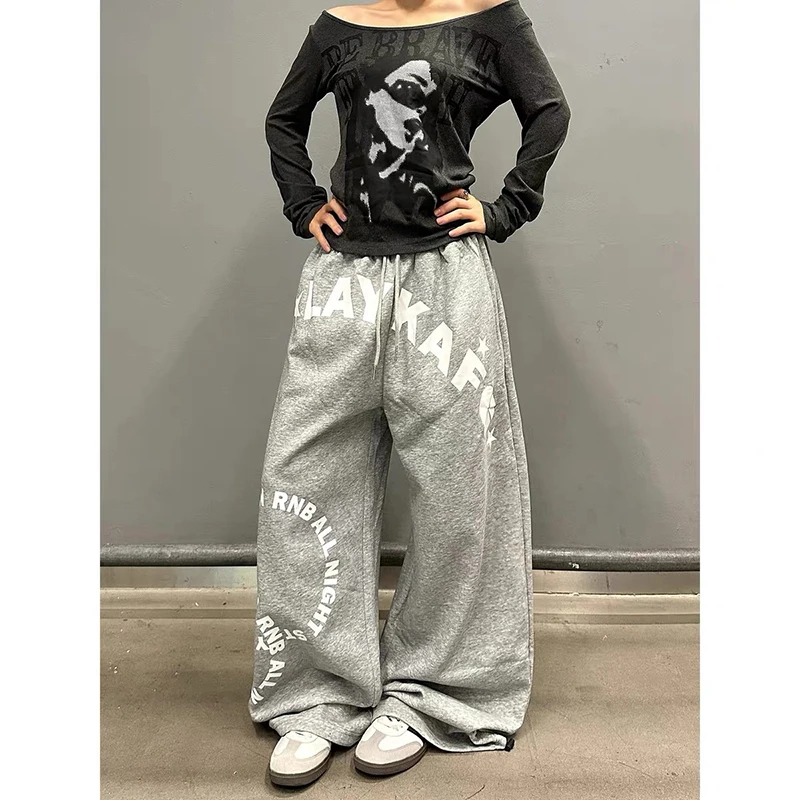 กางเกงวอร์มพิมพ์ลายดาวสีเทาสำหรับผู้หญิง ยี่ห้อ ZHIZOU ทรงหลวม สไตล์ฮาราจูกุ ยุค 2000 วินเทจ Y2k ขาบานทรงโอเวอร์ไซส์