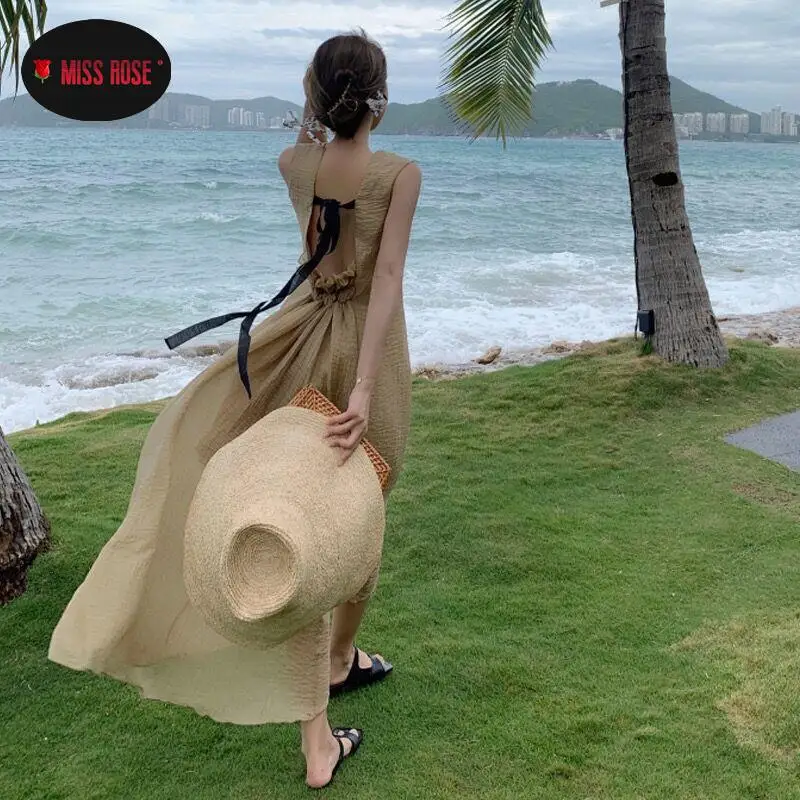 

Back Bandage Lace Up Luxury Dress Women Bohemian Beach Holiday Korea Style Dresses Flowy Swing Quality Fabric Travel Sling Wear