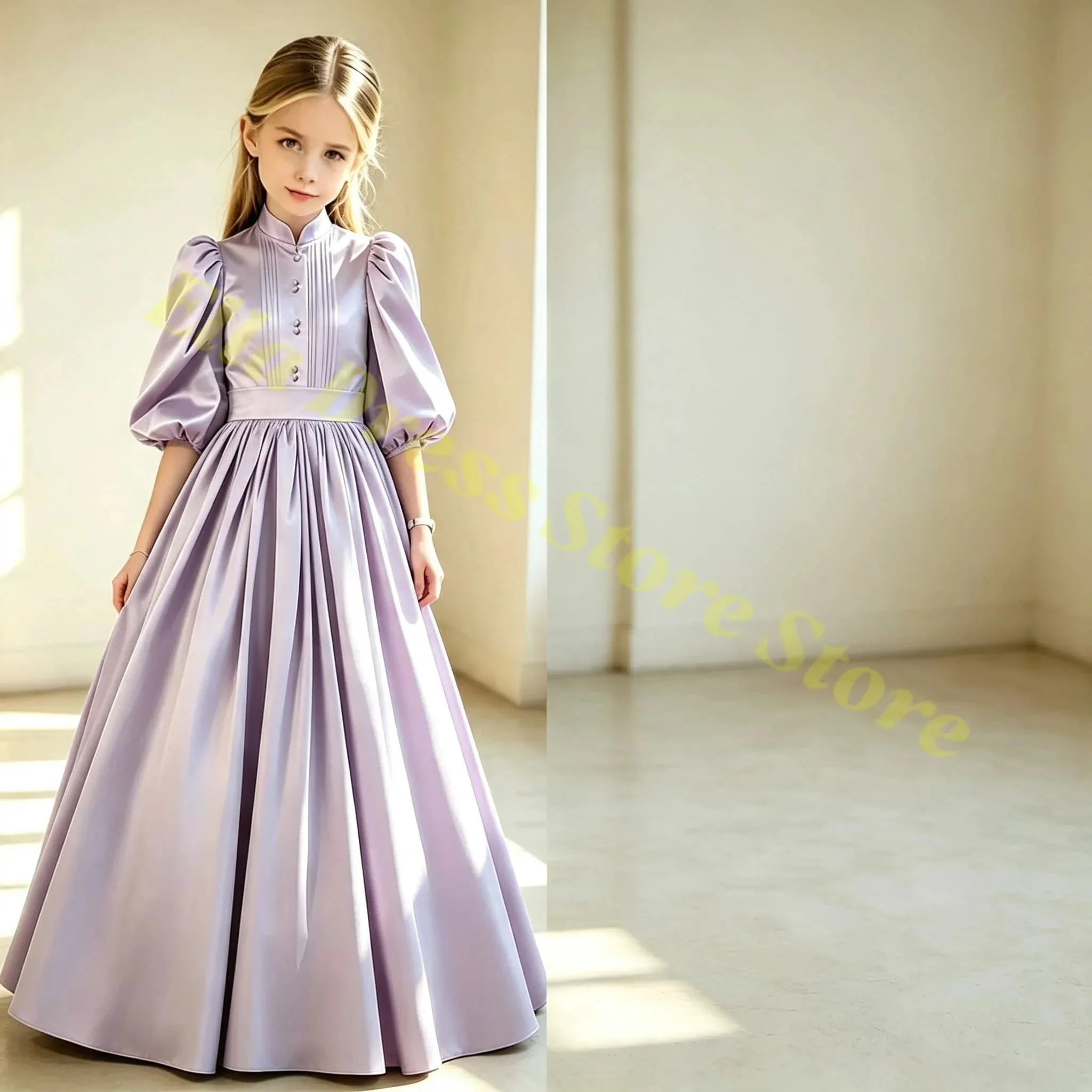 Elegantes Elfenbeinfarbenes Satin-A-Linien-Blumenmädchenkleid für kleine Mädchen, Hochzeit, Taufe, Erstkommunion, Geburtstagsfeier, Abendveranstaltung, Großhandel – Detail 1
