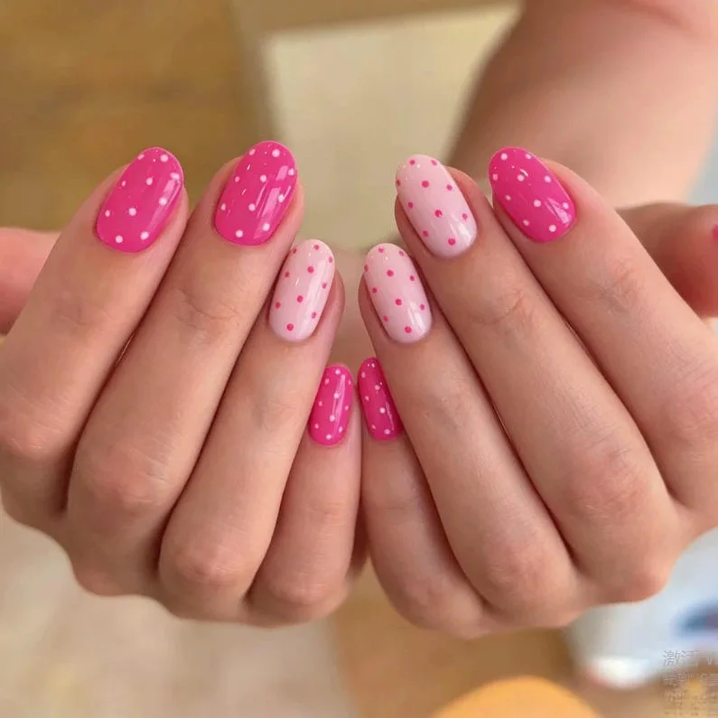 Machine printed 24 pieces of pink polka dot armor suitable for year-round wear polka dot Medium-Length Press-one-Nails Wholesale