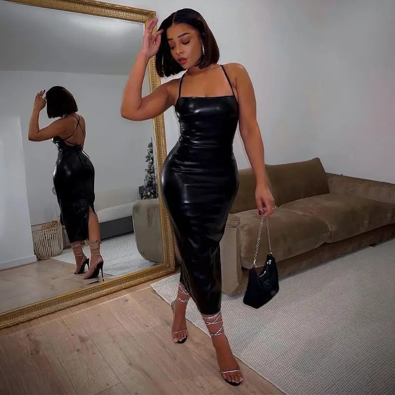 

Women's PU Leather Sexy Suspender Dress, Long Skirt with Exposed Back, Slim Fit, Tight Fitting, Hip Hugging Skirt