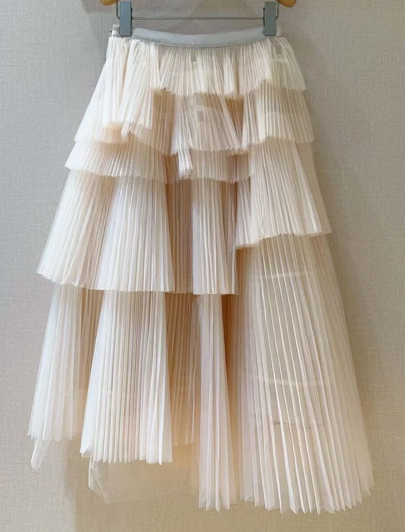 Ballkleid-Röcke 2025, Herbst-Designer-Modekleidung für Damen, kaskadierende Rüschen, sexy, asymmetrisch, Aprikose, schwarz, lange Netzröcke