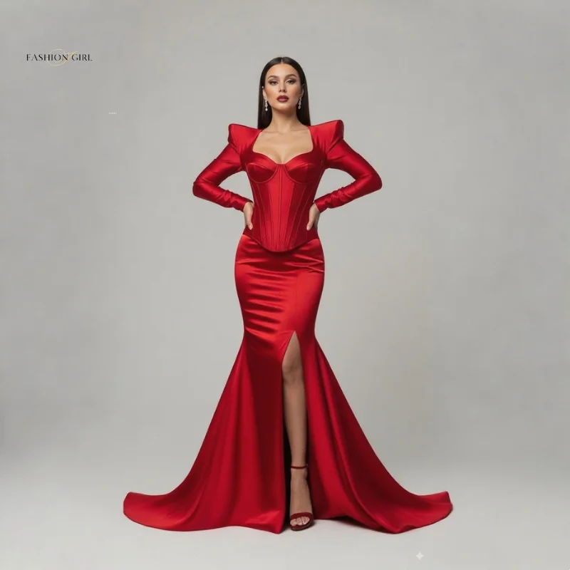 

Red Mermaid Cocktail Dress 2025 Long Sleeved Three-Dimensional Shoulder High Slit Skirt Sexy Evening Dress Wedding Guest Dress