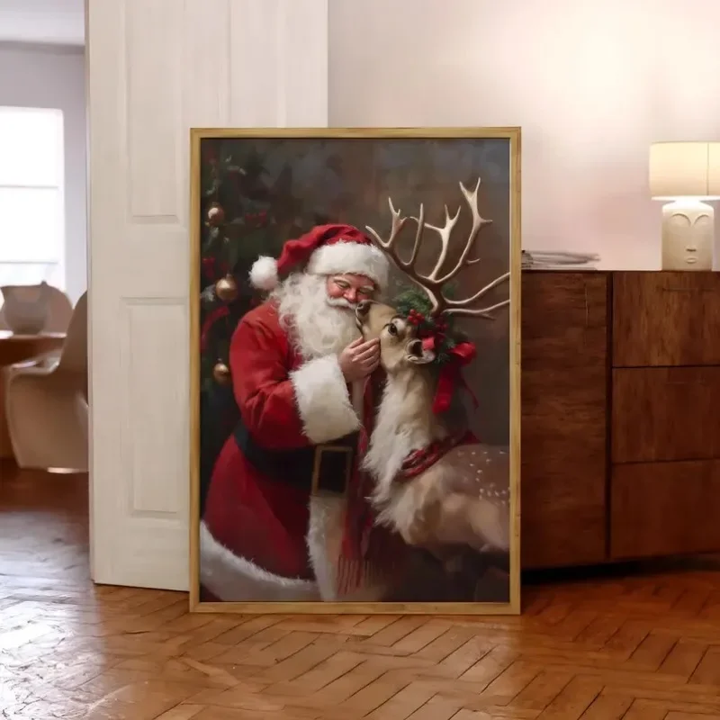 Multiple sizes 1pc frameless Canvas Painting Santa and Reindeer Christmas Print, Santa Claus Christmas Poster, Vintage Holiday W