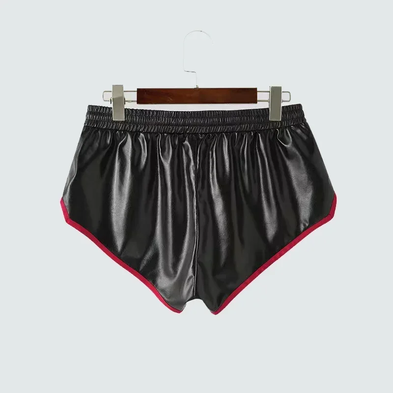 Men Shiny PU Leather Shorts Chic Contrasting Colors Hot Pants Man Faux Leather Underwear Swimming Trunks Beach Support Custom