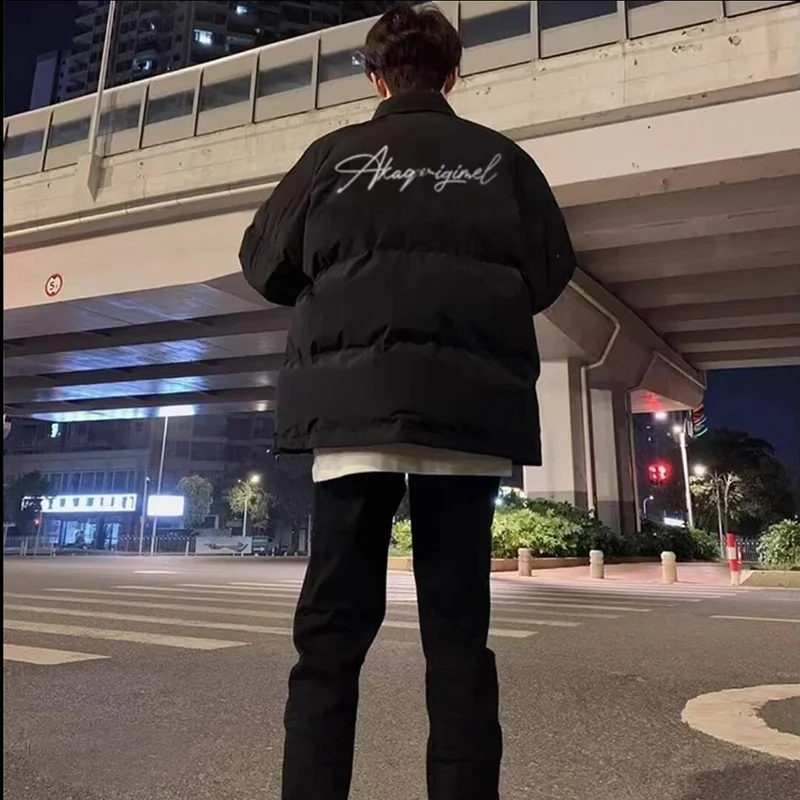 

Bla Letter Print down Cotton Jaet Men's Winter Thi Warm Bread Sle American High Street Cotton Outerwear Coat