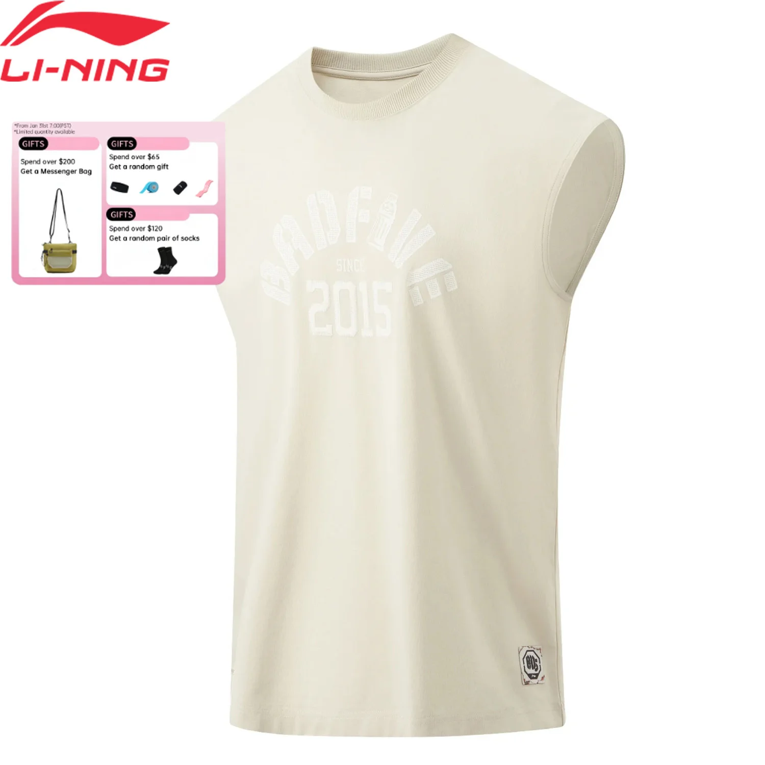 

Li-Ning Men's BADFIVE Vests Breathable AT DRY FREEZE Loose Fit 50%Cotton 50%Polyester LiNing Sports Sleeveless T-Shirt AVSU501