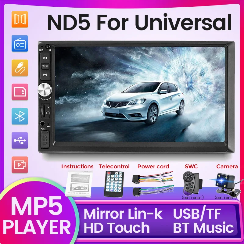 

7inch 2 Din Car Radio Stereo Touch Screen Universal Multimedia Video Player Support Bluetooth Mirrorlink AUX USB FM SD Autoradio