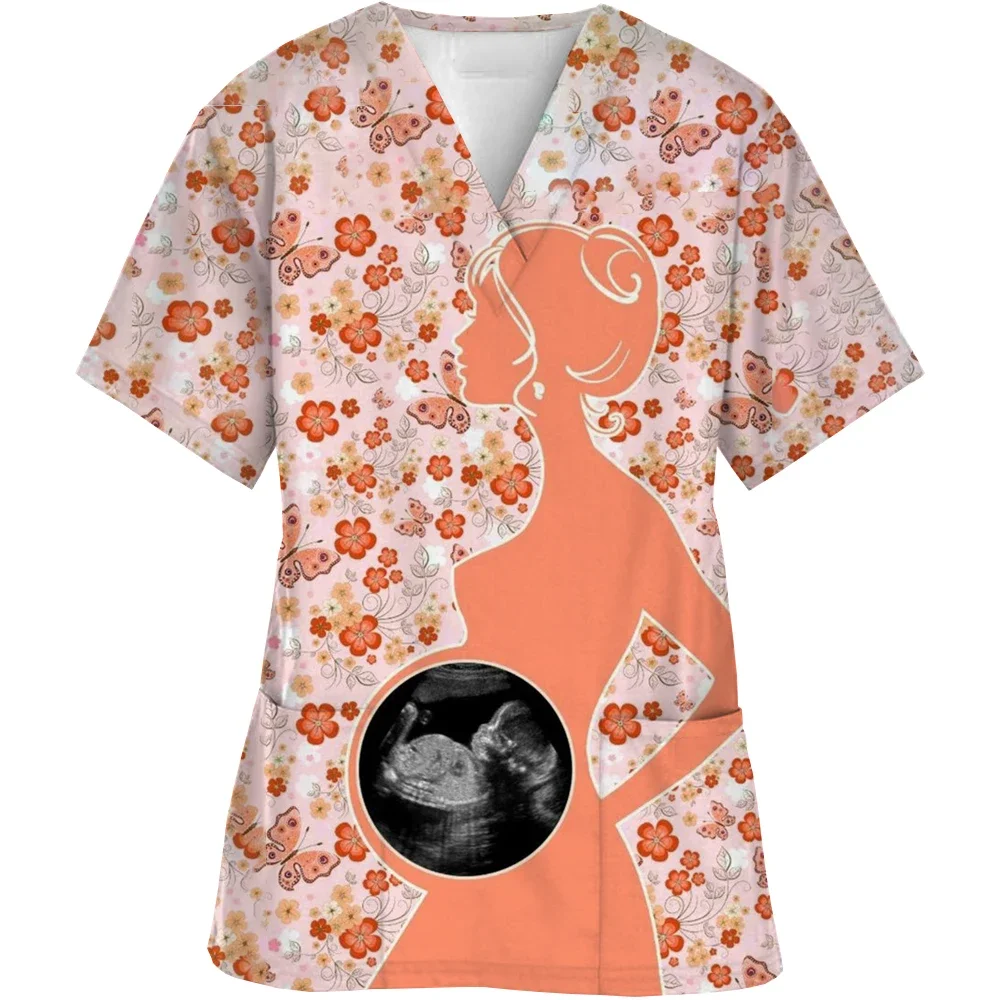 Obstetric nurses, pediatric nurses, uniform, short sleeved V-neck top, healthy waist pocket shirt for women