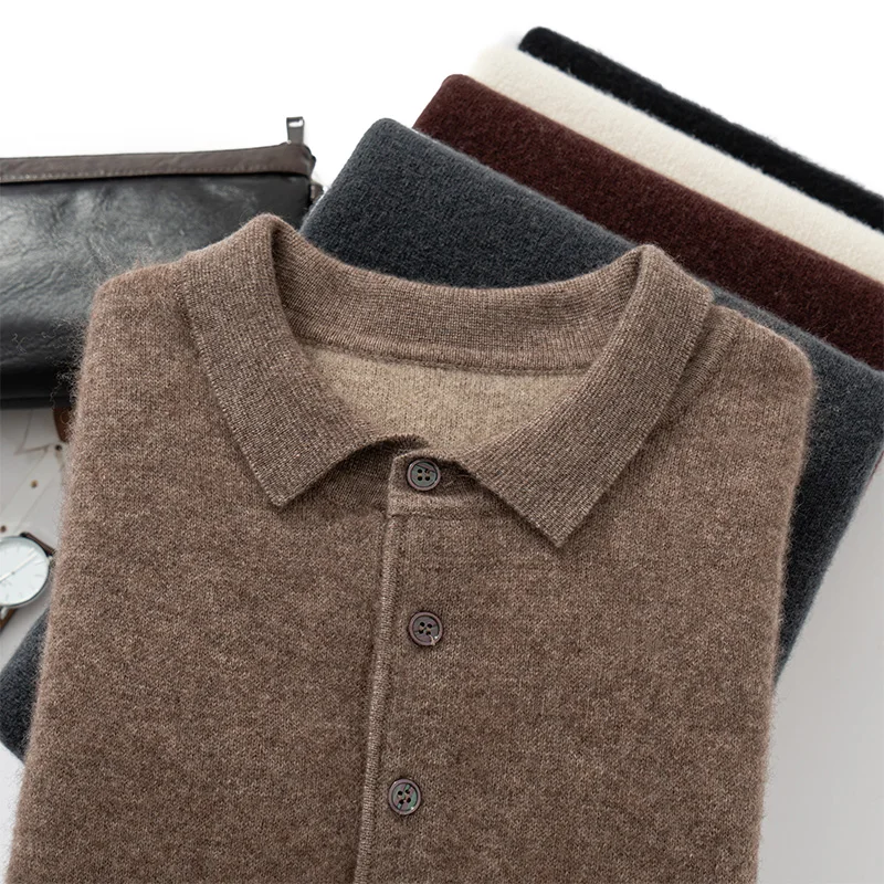 Autumn/winter New Men's 100% Cashmere Sweater POLO Neck Knit Pullover Business Casual Warm Long Sleeve Solid Color Sweater