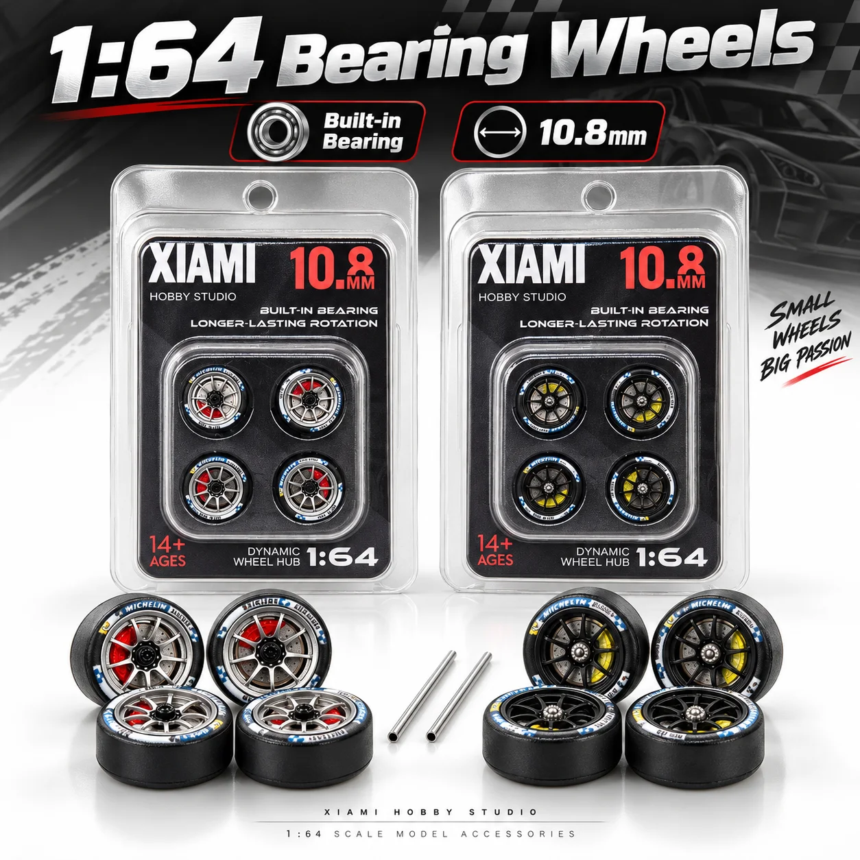 X-Scale 10.8mm 1/64 Model Car Dynamic Bearing Wheels with Rubber Tires & Brake Disc Refitting Parts for 1:64 Car Upgrade