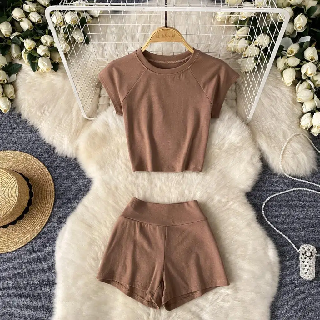 Summer Women Fashion Elegant Casual Shorts Suit Vintage Chic Slim Sport Crop Top and Pants Two Pieces Set Female Clothes New