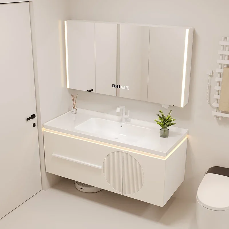 

Smart Bathroom Cabinet Combination Solid Wood Hand Wash Basin Seamless Basin Bathroom Cabinet Light Luxury Furniture