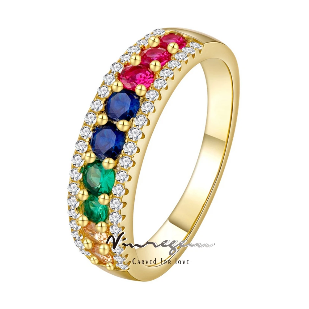 

Vinregem Round Cut Colorful Lab Sapphire Gemstone Solid 925 Sterling Silver Row Ring for Women Fine Jewelry Band Gifts Wholesale