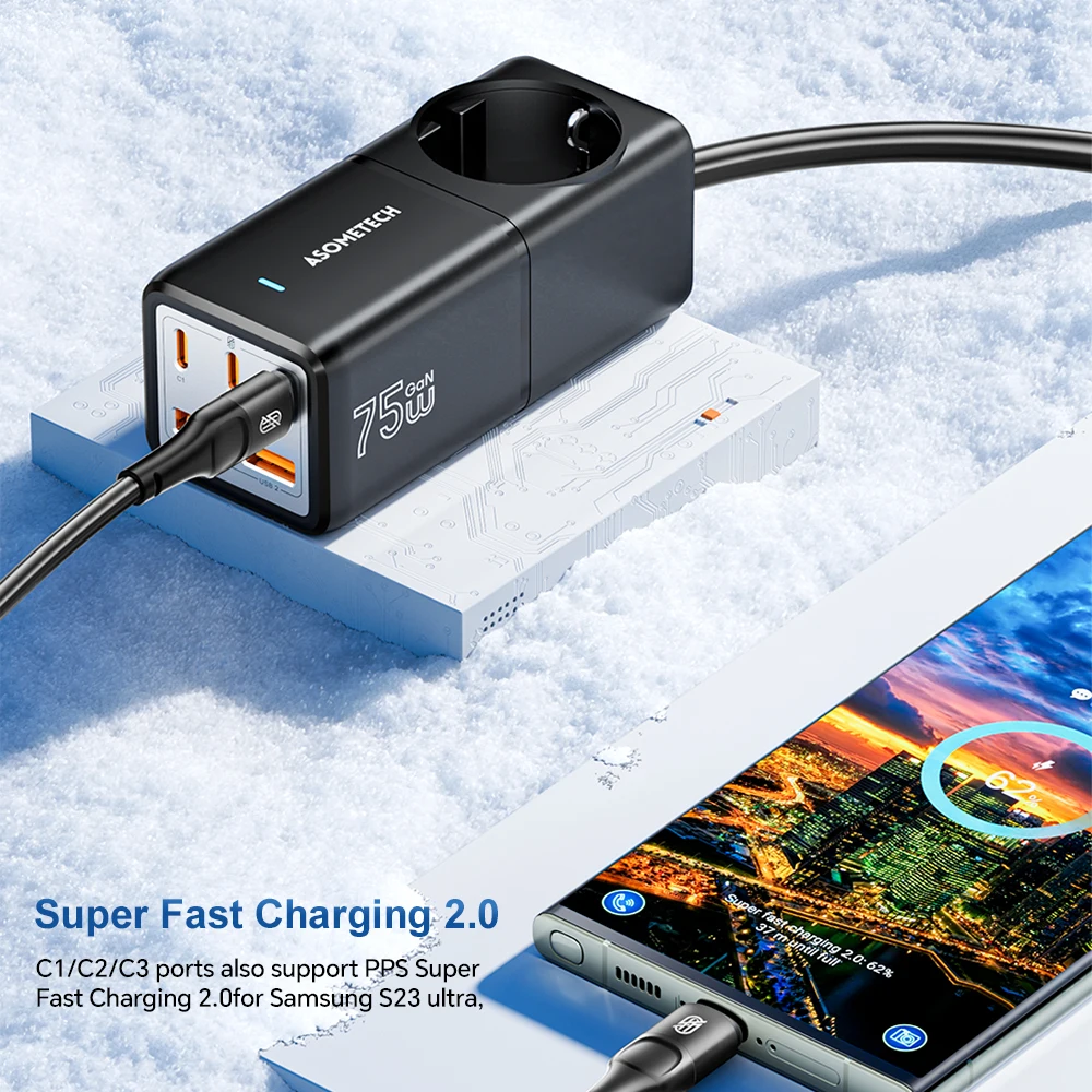 75W GaN Charger Fast Charger Desktop Power Strip QC4.0 PD3.0 Charging Station for IPhone 14 Pro Max Xiaomi Samsung MacBook