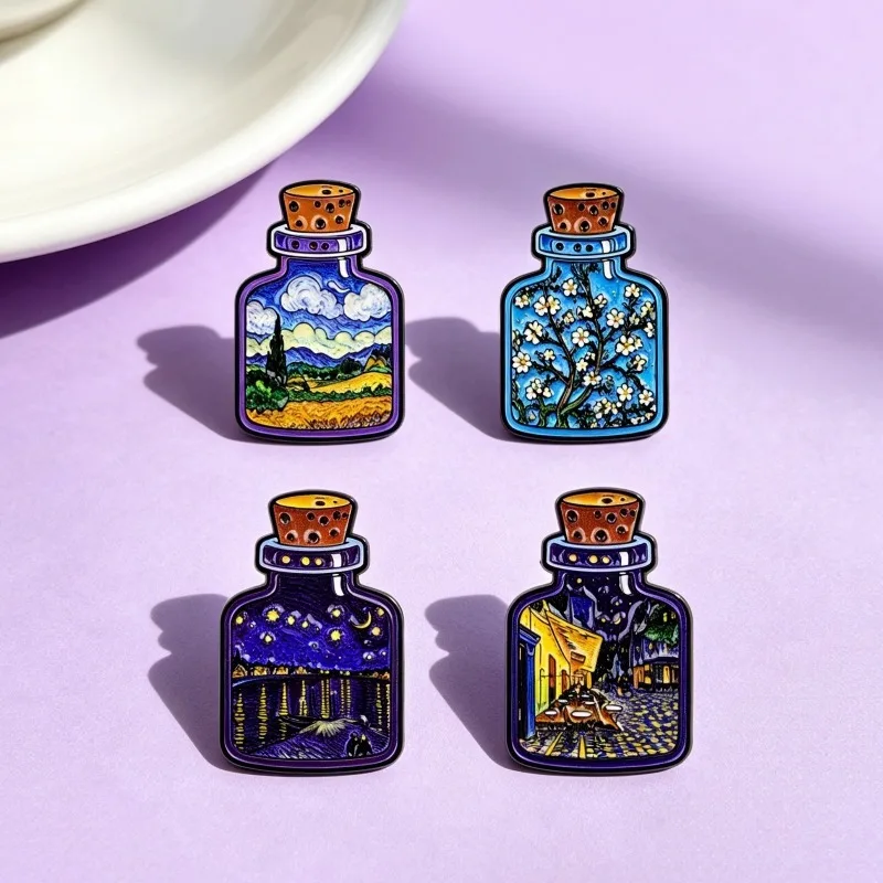 Creative Van Gogh Series Bottle Brooch Metal Badge Art Fashion Jewelry Men's and Women's Fashion Clothing Accessories Pin Gift
