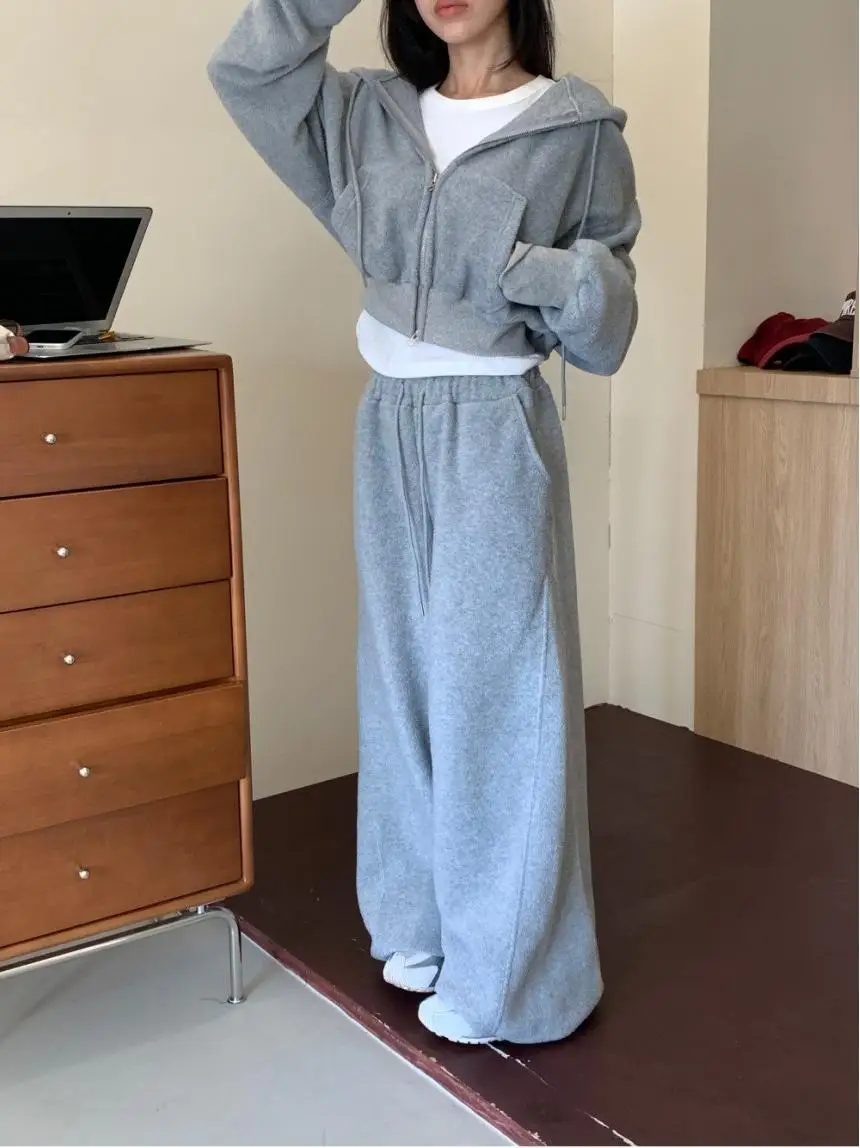 

Thiened Fluffy Casual Set Women's Autumn Winter Hooded ort Sweatirt Fce Lined Wide Leg Pants Two Piece Set