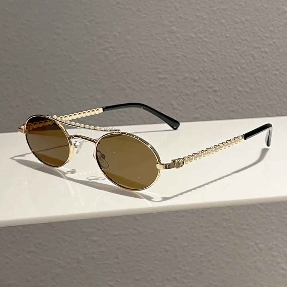Fashion Light Luxury Imitation Pearl Women Sunglasses Oval Double Bridge Metal Frame Sun Glasses Travel Cycling UV400 Eyewear