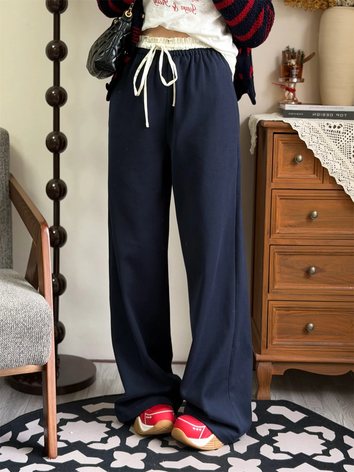 

High Waist Wide Leg Pants Women's Loose Fit Faux Fur Dra Elastic Waist Floral Lace Early Spring Faion Casual Trousers