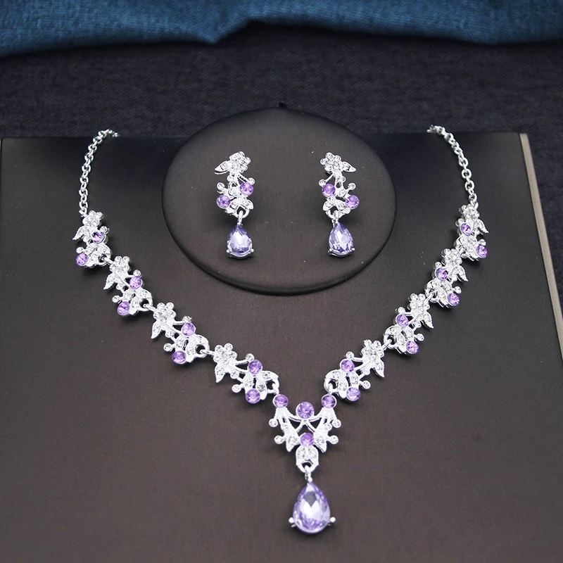 17 Colors Water Drop Purple Bridal Jewelry Sets for Women Party Prom Choker Necklace Earrings Bride Wedding Costume Accessories
