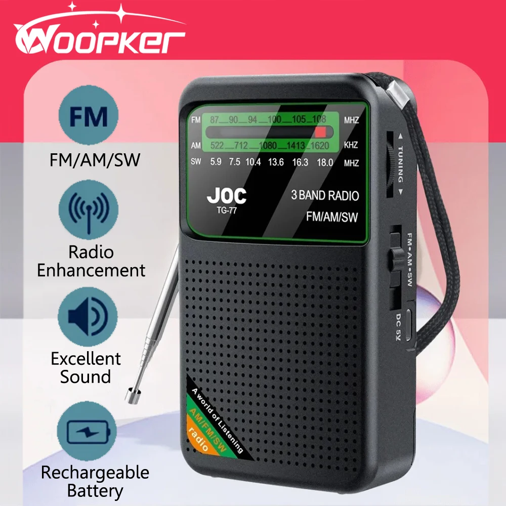 Woopker Radio FM AM SW Built-in Speaker Portable Type-C Rechargeable Battery Mini Full Band Radio with HD Display for Seniors