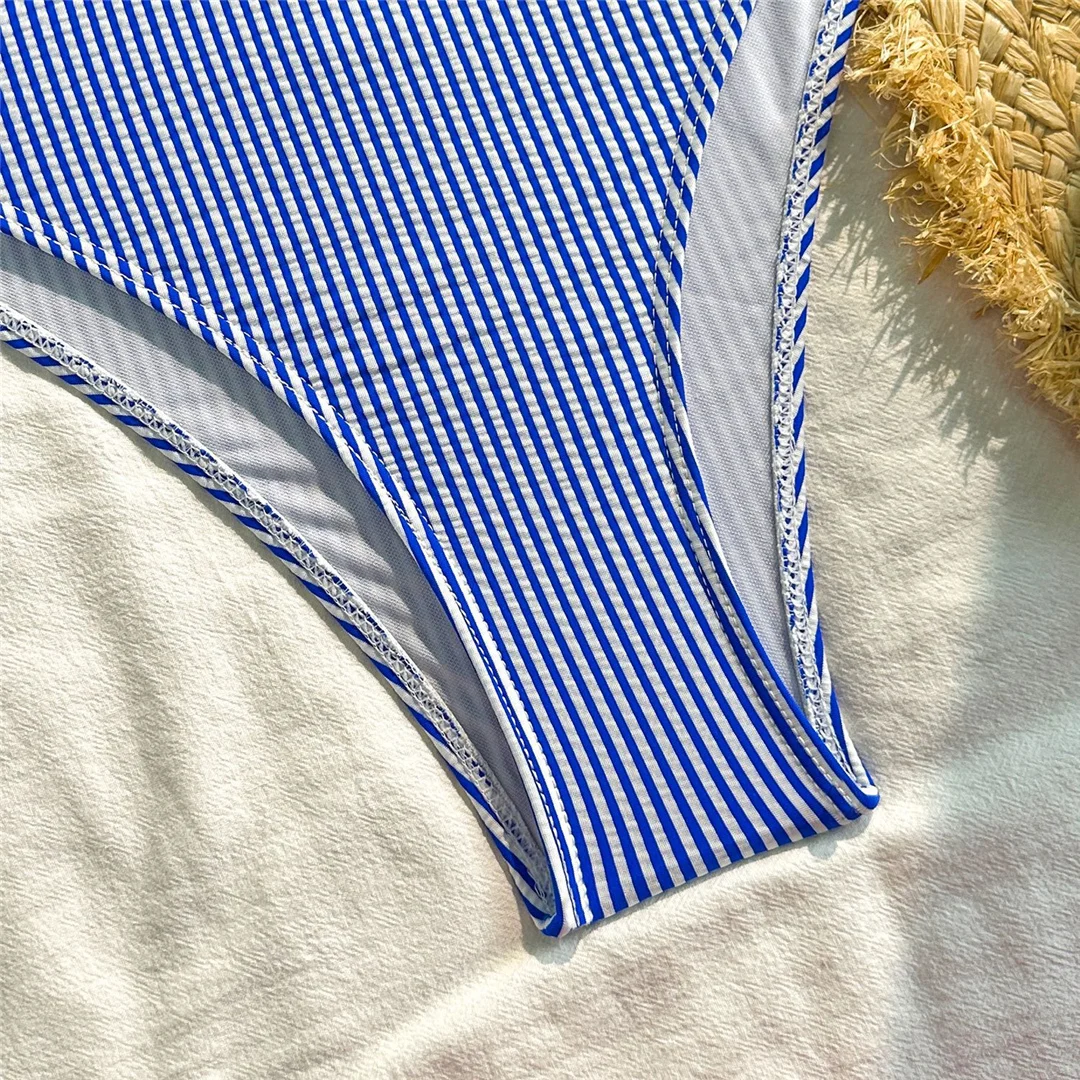 Gestreifter Tankini-Bikini mit hohem Beinausschnitt, zweiteiliger Badeanzug für Damen, gepolsterter Badeanzug, Badebekleidung, Modell V7443. – Detail 12