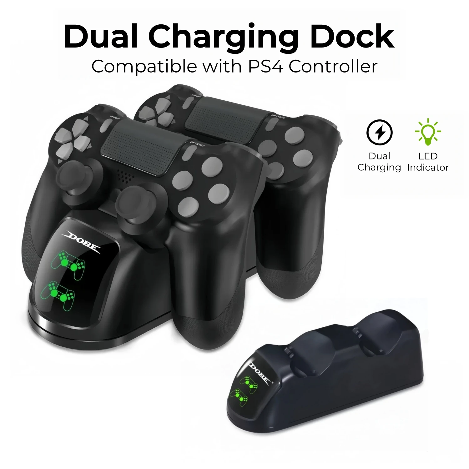 Dual Controller Charging Dock for PS4 – 2-Slot Charger Stand with LED Indicator, USB Powered, Black