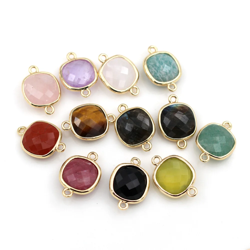 

10pcs Natural Stone Labradorite Square Pendant Clear Rose Quartz 2 Loops Connector Charms Jewelry Accessories Findings DIY