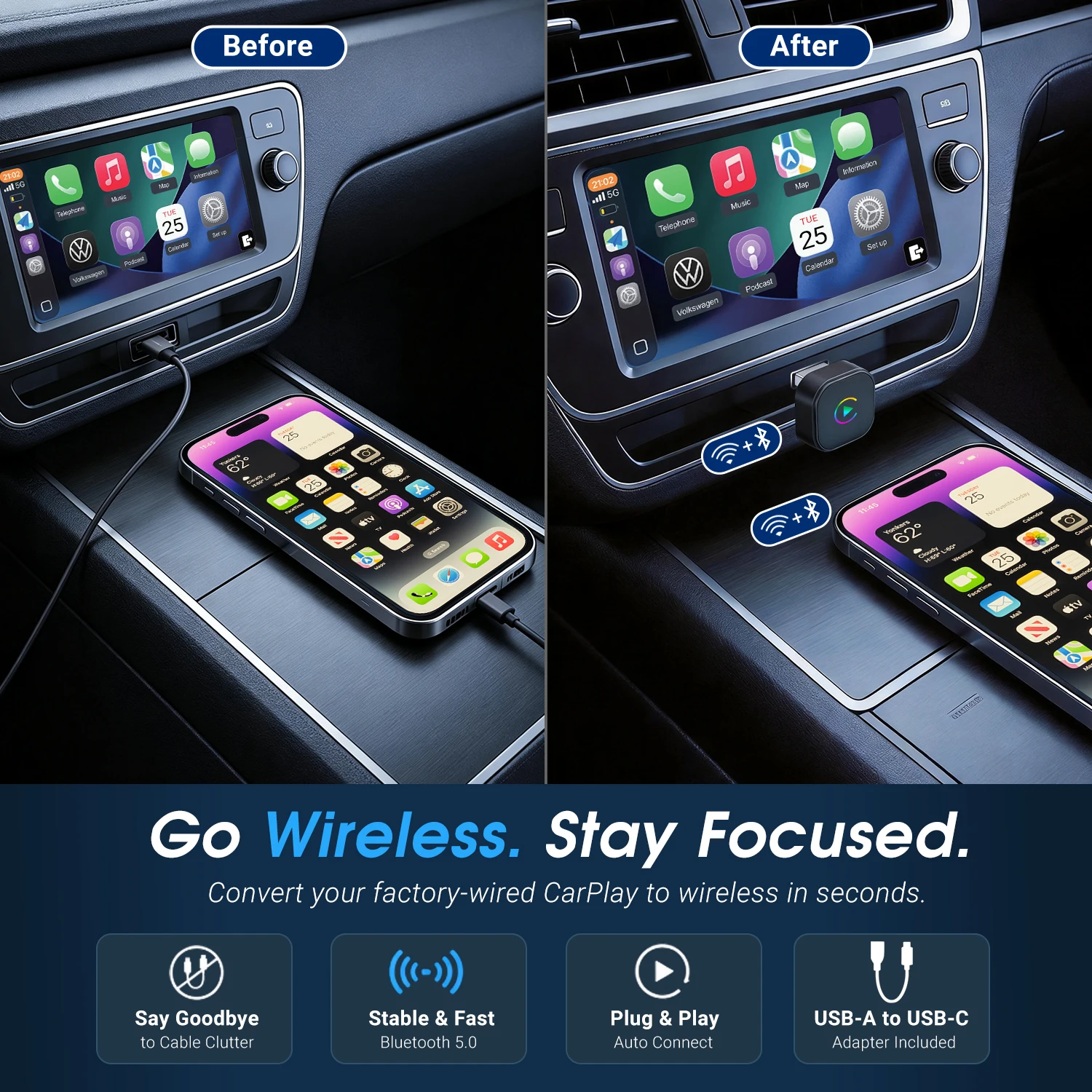 August CR245 2-in-1 Wireless CarPlay & Android Auto Adapter, 2 Phone Switch Convert Wired CarPlay to Wireless, Auto Reconnect