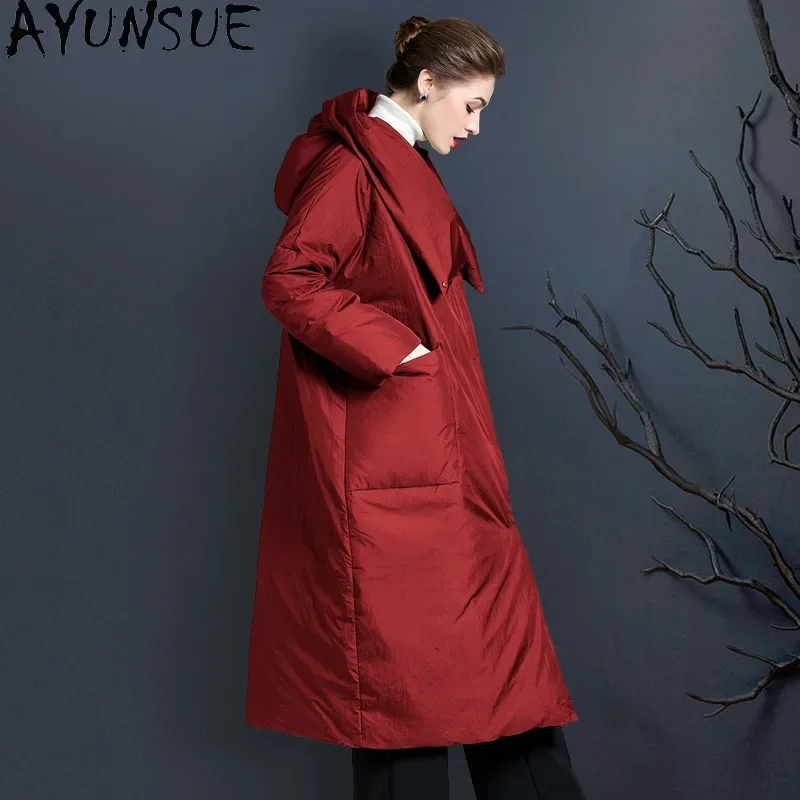 AYUNSUE White Duck Down Puffer Jacket Women Burgundy Plus Size Down Coats Winter Long Coat Womans Clothing Пуховик Женский 2024