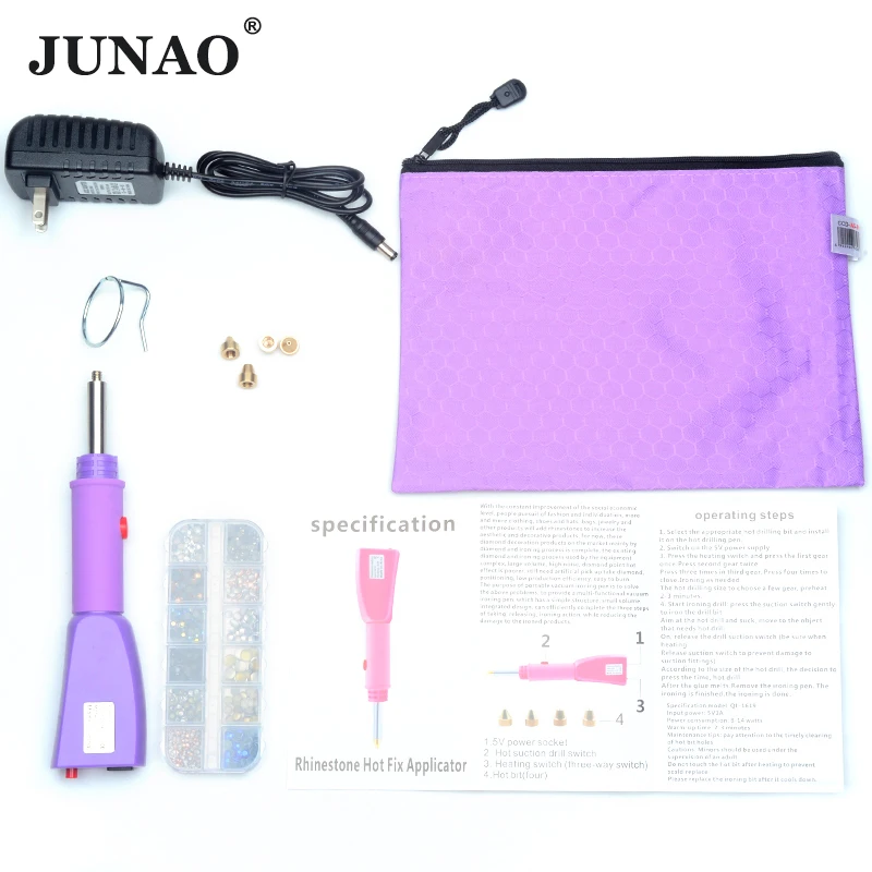 JUNAO Fast Heated Hotfix Rhinestone Set Pink Style Hot Fix Applicator Crystal Glass Iron-on Wand Heat-fix Tool Gun Garment Shoes