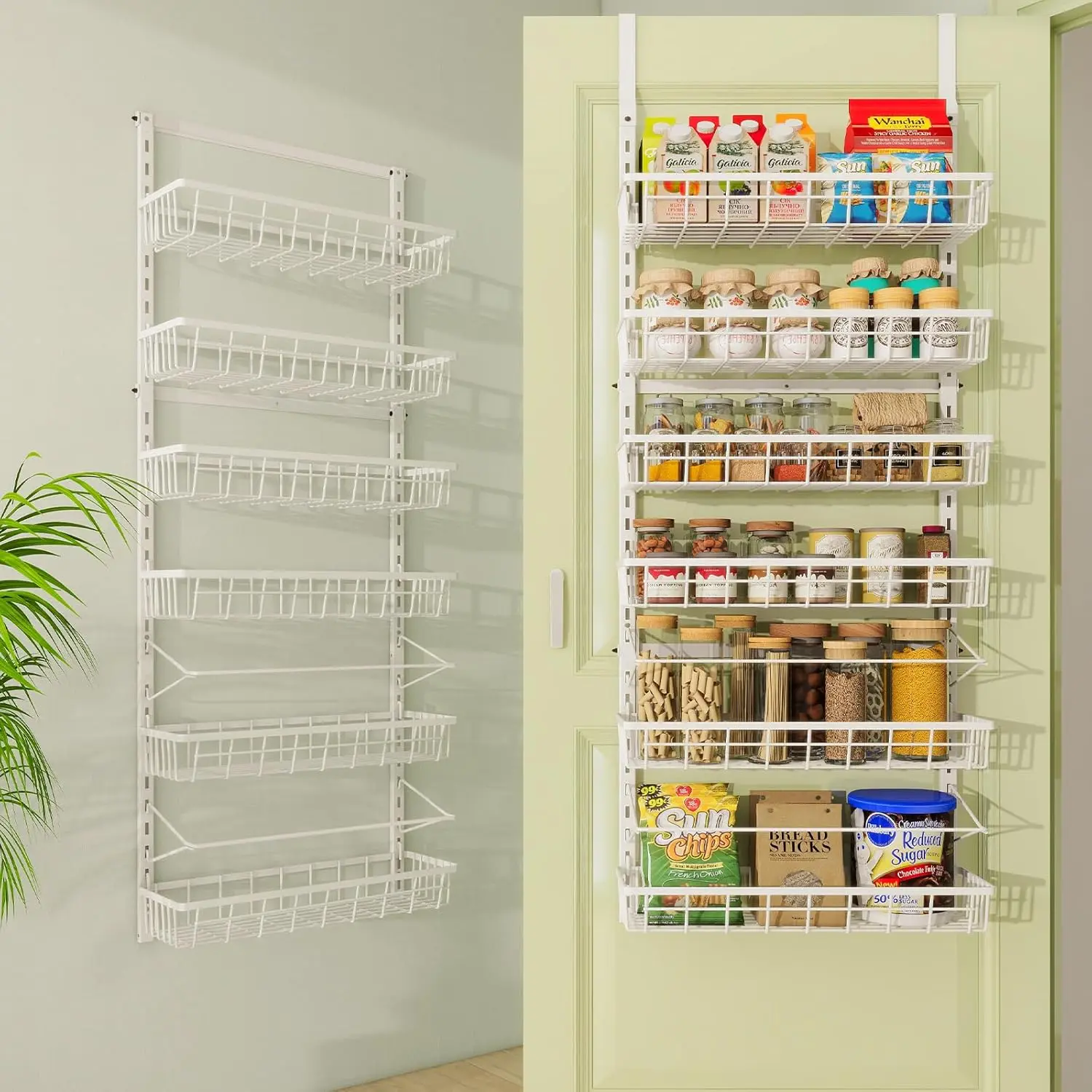 

Over The Door Pantry Organizer with 6 Adjustable Baskets, Heavy-Duty Metal Spice Rack for Home Kitchen Storage in White