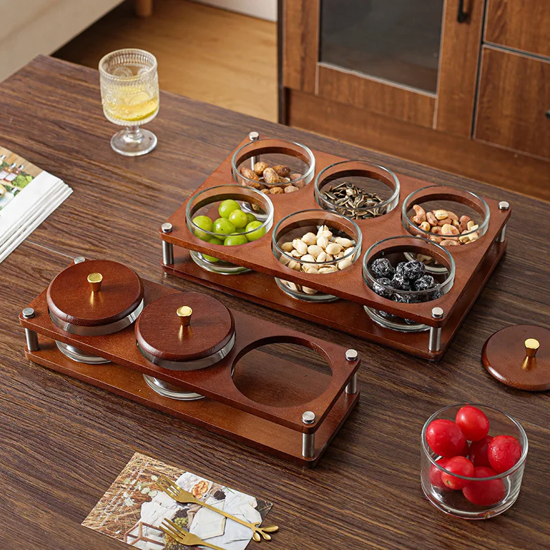 Wooden Glass Fruit Plate Snack Tray Living Room Tea Table Creative Grids Dry Fruit Candy Dish Display Stand Kitchen Home Use