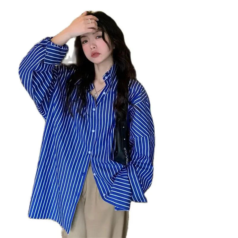 

Blue Blouse Vertical Stripe Printing Loose Long Sleeves Vintage Hongkong Fashion Lady Blouse Spring Summer Design