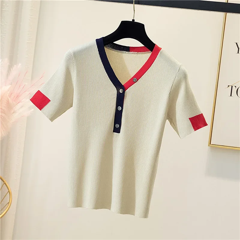 T-shirt femme new summer pure cotton top women round neck pullover short sleeve pure color knit sweater size 4XL tees hot V1129