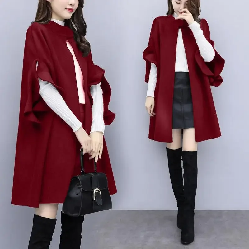

New Women's Mid-Length Woolen Red British Coat Autumn Winter plus Size Style A- Line Cloak Trendy Polyester Fiber Pure Color