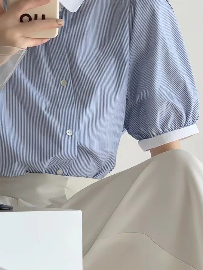Summer New Style Color Block Blue Stripes Bubble Sleeve Short Sleeve Turn down Collar Shirt Women's Design Unique Top Ladies ...