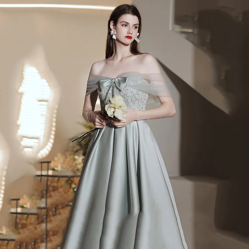 

Satin Gray Prom Dresses Off Shoulder Shiny Sequin Beading Sleeveless A Line Bow Wedding Celebration Birthday Party Evening Gowns