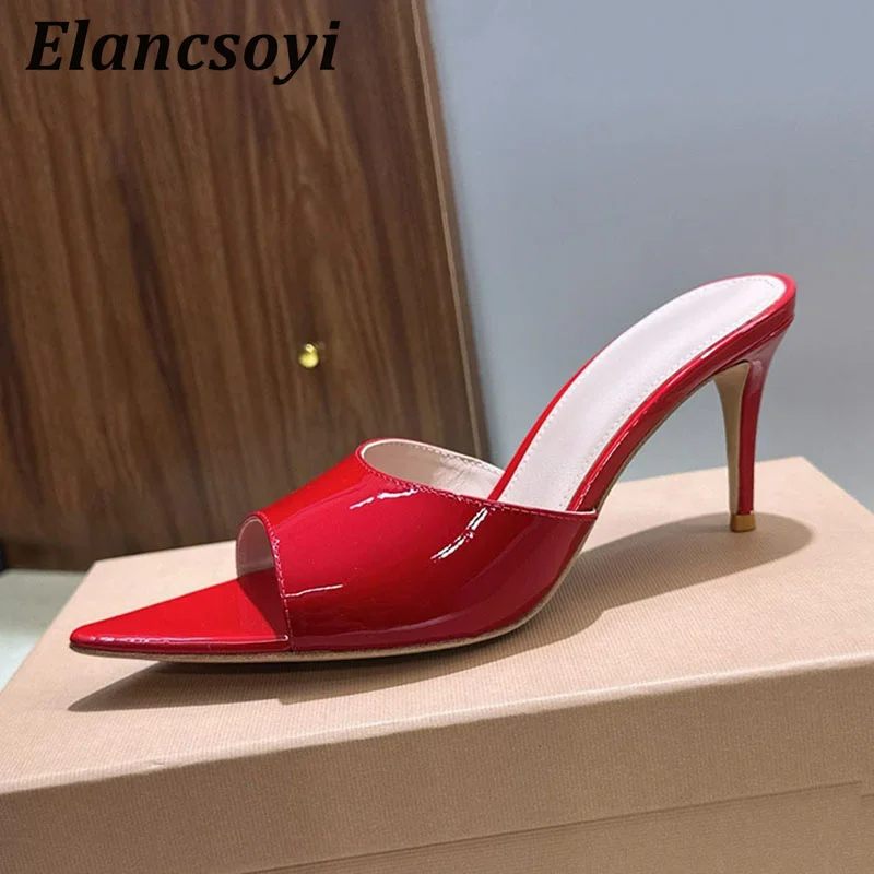 High Heels Slippers Women's Pointed Toe Patent Leather Thin Heels Lazy Sandals Summer Sexy Outdoor One Word Slides Woman