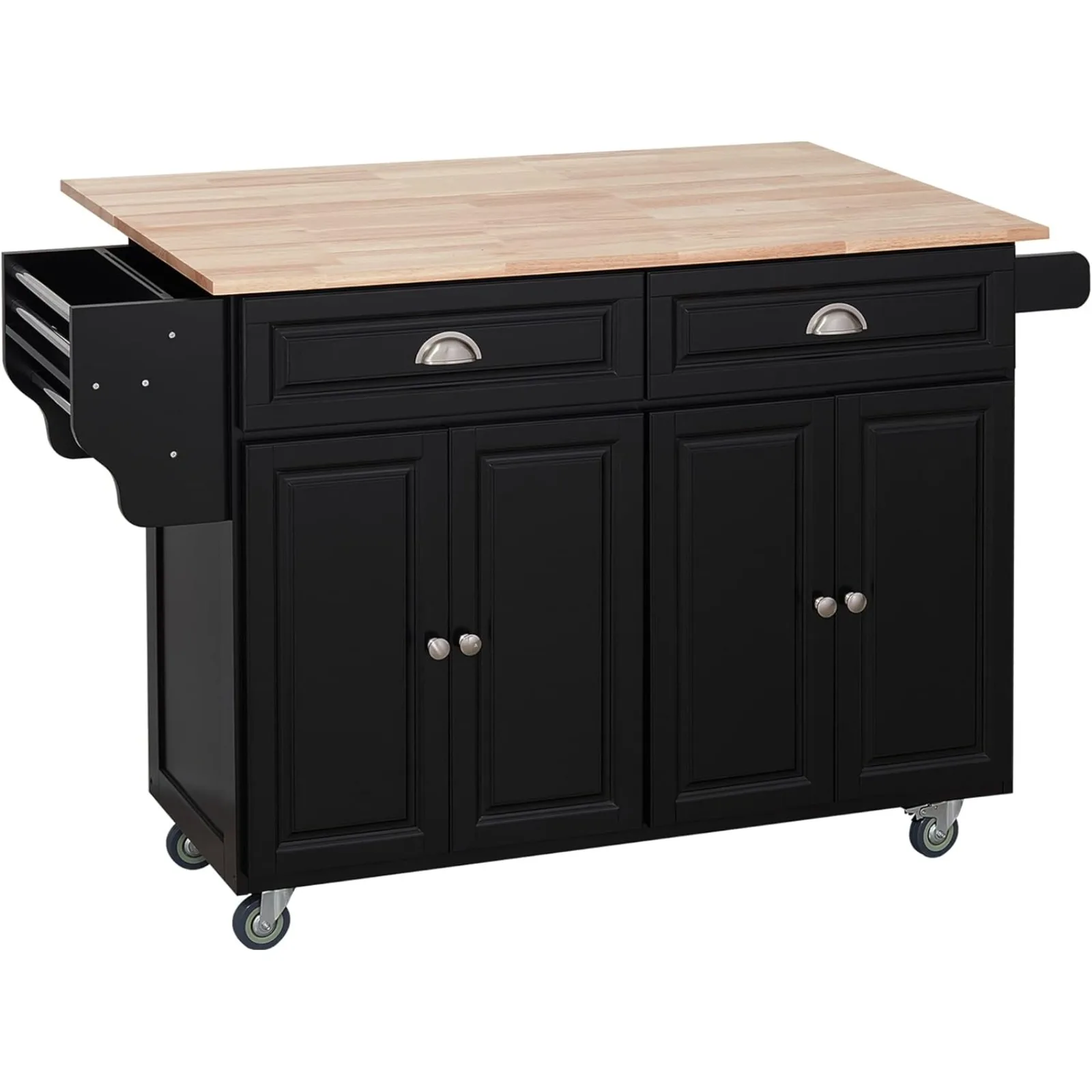 

US Rolling Kitchen Island Drop Leaf, Kitchen Cart on Wheels, Solid Wood Top Breakfast Nook with Storage Drawers,