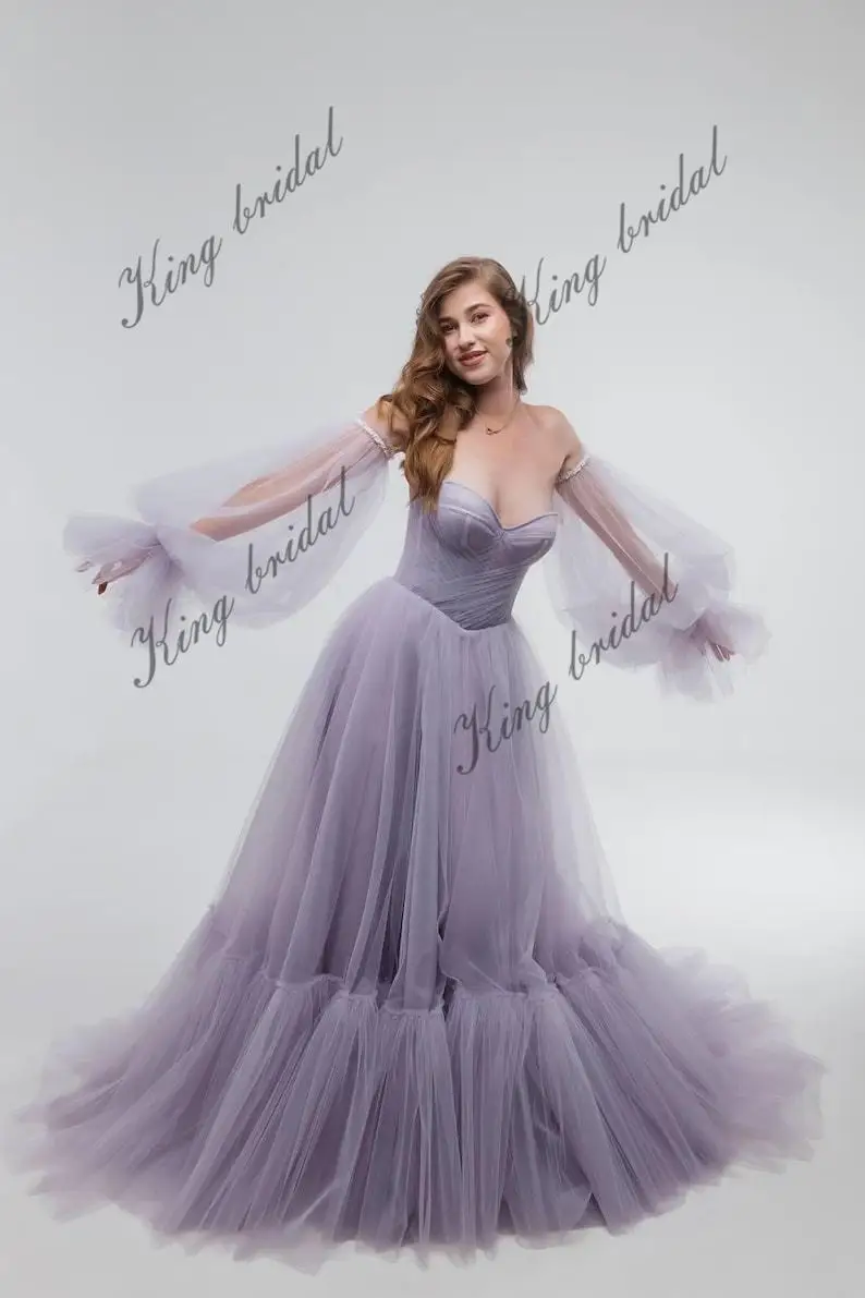 فستان زفاف من التول الخزامى - فستان زفاف بوهو حالم بألوان مخصصة للحفلات الراقصة فساتين السهرة والحفلات